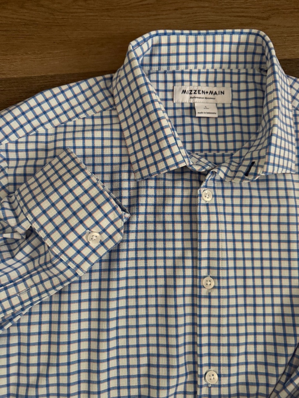 Mizzen + Main performance button up plaid dress shirt size L trim 4-way stretch